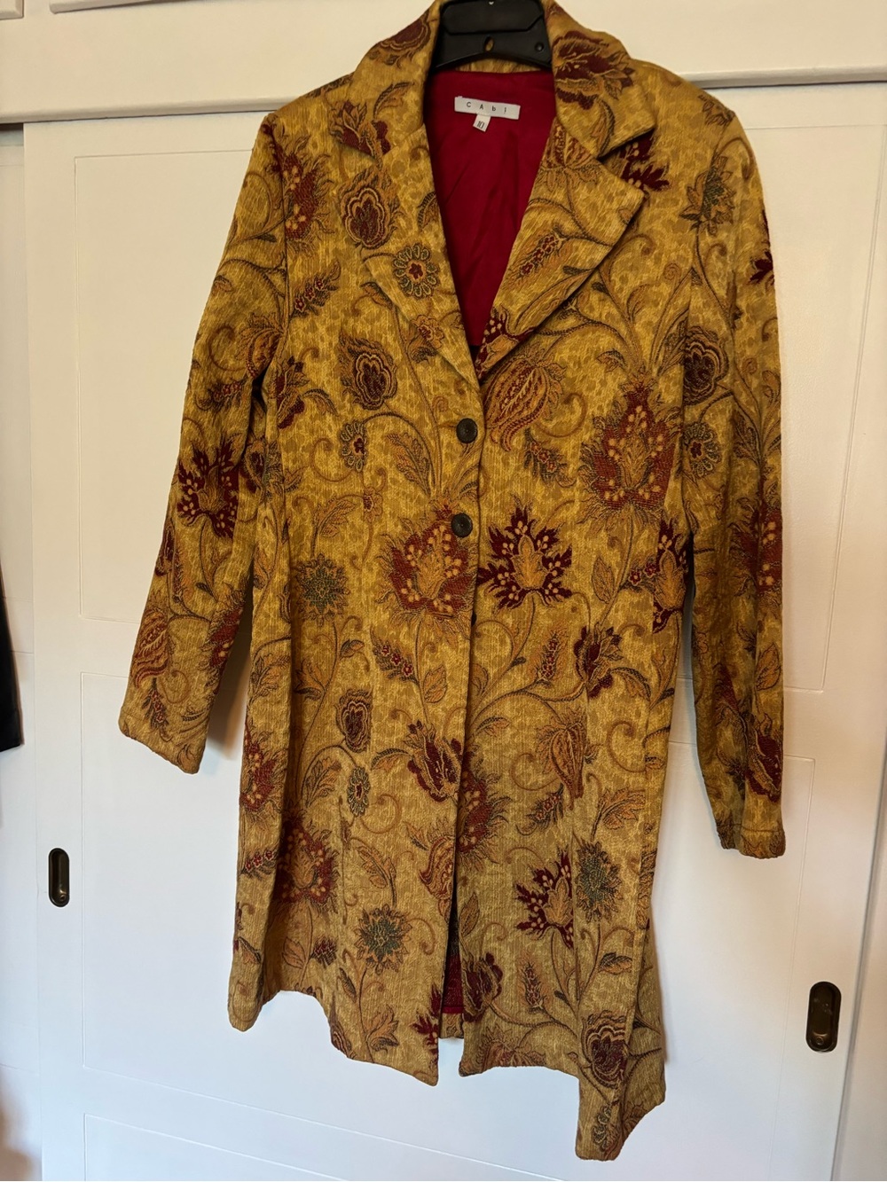 CAbi Mustard Yellow Floral Jacquard Trench Coat with Red Lining